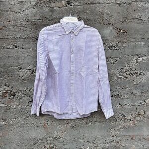 Zara Man Shirt Mens Large Euro Red Pinstripe Stand Band Collar Linen Blend